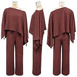 Stylish Pleated Off-shoulder Top and Trousers Solid Color Casual Suit YF-10936