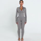 Solid Color Casual Commuter Outfit With Zip-up Top and Fitted Pants ZJQD-88099