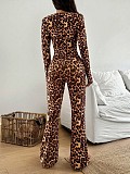Sexy Leopard Print Lace Collar Long-sleeved Tight-fitting Waist Jumpsuit SHD-9591