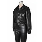 Fashionable Woven PU leather Lapel Zip-up Motorcycle Jacket Short Coat Top ZS-0774