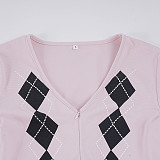Stylish Diamond-patterned V-neck Long-sleeved Top and Shorts Casual Set MRA-45616
