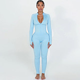 Solid Color Casual Commuter Outfit With Zip-up Top and Fitted Pants ZJQD-88099