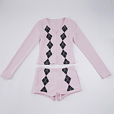 Stylish Diamond-patterned V-neck Long-sleeved Top and Shorts Casual Set MRA-45616