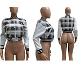 Stylish Plaid Print Thickened Korean Velvet Patchwork PU Leather Baseball Jacket CM-9535