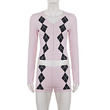 Stylish Diamond-patterned V-neck Long-sleeved Top and Shorts Casual Set MRA-45616
