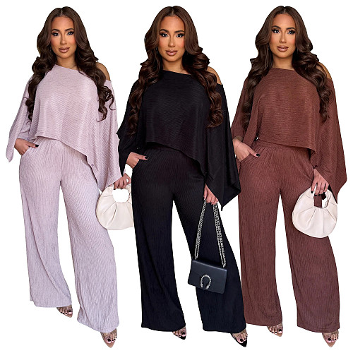 Stylish Pleated Off-shoulder Top and Trousers Solid Color Casual Suit YF-10936