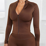 Solid Color Casual Commuter Outfit With Zip-up Top and Fitted Pants ZJQD-88099