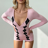 Stylish Diamond-patterned V-neck Long-sleeved Top and Shorts Casual Set MRA-45616