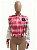 Stylish Plaid Print Thickened Korean Velvet Patchwork PU Leather Baseball Jacket CM-9535