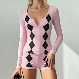Stylish Diamond-patterned V-neck Long-sleeved Top and Shorts Casual Set MRA-45616