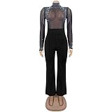 Sexy See-through Mesh Rhinestone Long-sleeved Jumpsuit BY-7579