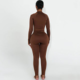 Solid Color Casual Commuter Outfit With Zip-up Top and Fitted Pants ZJQD-88099