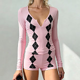 Stylish Diamond-patterned V-neck Long-sleeved Top and Shorts Casual Set MRA-45616