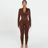 Solid Color Casual Commuter Outfit With Zip-up Top and Fitted Pants ZJQD-88099