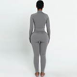 Solid Color Casual Commuter Outfit With Zip-up Top and Fitted Pants ZJQD-88099