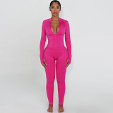 Solid Color Casual Commuter Outfit With Zip-up Top and Fitted Pants ZJQD-88099