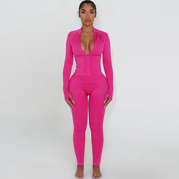 Solid Color Casual Commuter Outfit With Zip-up Top and Fitted Pants ZJQD-88099