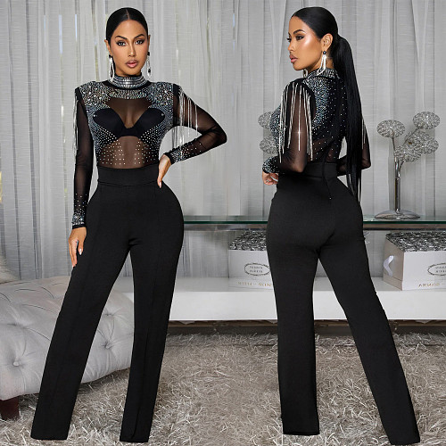 Sexy See-through Mesh Rhinestone Long-sleeved Jumpsuit BY-7579