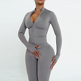 Solid Color Casual Commuter Outfit With Zip-up Top and Fitted Pants ZJQD-88099
