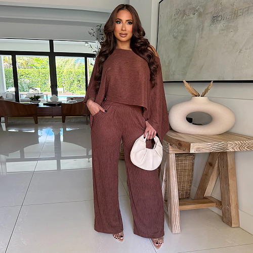 Stylish Pleated Off-shoulder Top and Trousers Solid Color Casual Suit YF-10936