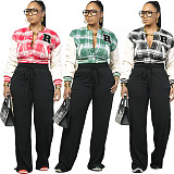 Stylish Plaid Print Thickened Korean Velvet Patchwork PU Leather Baseball Jacket CM-9535