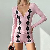 Stylish Diamond-patterned V-neck Long-sleeved Top and Shorts Casual Set MRA-45616