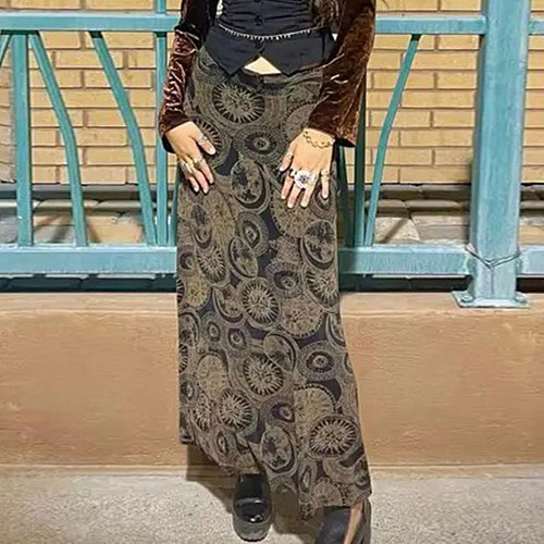 New Stylish Circle Print Distressed Vintage High-waisted Slimming Skirt MRA-46244