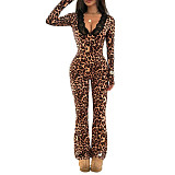 Sexy Leopard Print Lace Collar Long-sleeved Tight-fitting Waist Jumpsuit SHD-9591