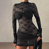 Sexy Lace High-neck See-through Long-sleeved Bodycon Dress FLY-25568