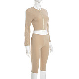 Autumn/Winter Zippered Stand Collar Color Block Patchwork Cropped High Waist Trousers Set XYWL-390