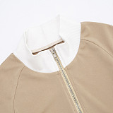 Autumn/Winter Zippered Stand Collar Color Block Patchwork Cropped High Waist Trousers Set XYWL-390
