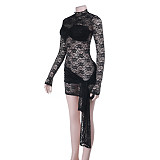 Sexy Lace High-neck See-through Long-sleeved Bodycon Dress FLY-25568