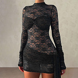 Sexy Lace High-neck See-through Long-sleeved Bodycon Dress FLY-25568