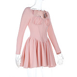 Sexy Square Neck Lace-trimmed Long-sleeved Fitted Dress SUM-2521