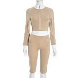 Autumn/Winter Zippered Stand Collar Color Block Patchwork Cropped High Waist Trousers Set XYWL-390