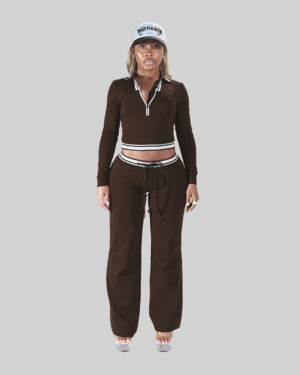Fashionable Retro Long-sleeved Color-blocked Zip-up Collar Top and Trousers Set XS-1447