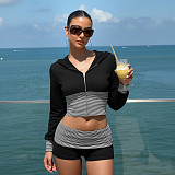 Casual Striped Color-blocked Zip-up Hooded Top and Shorts Two-piece Set MRA-44724