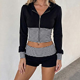 Casual Striped Color-blocked Zip-up Hooded Top and Shorts Two-piece Set MRA-44724