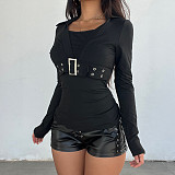 2025 Solid Color Metal Buckle Embellished Two-Piece Look Slim Fit Long-Sleeve T-Shirt MRA-43861