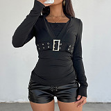 2025 Solid Color Metal Buckle Embellished Two-Piece Look Slim Fit Long-Sleeve T-Shirt MRA-43861