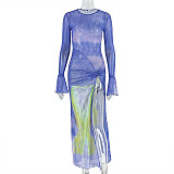 Round Neck Printed Mesh Pleated Flared Sleeve Slit Bodycon Dress JY-302966