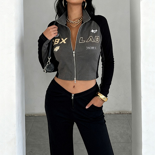 Casual Letter Print Lapel Collar Color-block Zip-up Cardigan Top MRA-23826