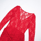 2025 Round-neck Lace Sheer Bodycon Jumpsuit With Flowing Ribbons and Stretch Fabric XYWL-25JP423