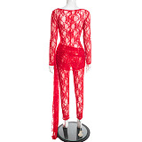 2025 Round-neck Lace Sheer Bodycon Jumpsuit With Flowing Ribbons and Stretch Fabric XYWL-25JP423