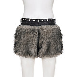 New Arrival Fluffy Patchwork Low-waisted Plush Shorts With Eyelet Details MRA-44831