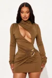 2025 Solid Color Sexy Hollow Out Slim-Fit Metal Design Bodycon Mini Dress XS-1681