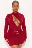 2025 Solid Color Sexy Hollow Out Slim-Fit Metal Design Bodycon Mini Dress XS-1681