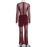 Autumn/Winter Round-neck Mesh Sheer Draped Bodycon Flared Jumpsuit XYWL-25JP438