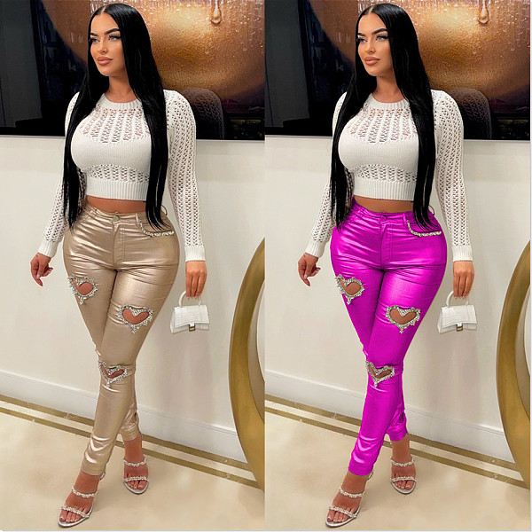 2025 Sexy Gold Foil Stamped Hollow Heart Pattern Reflective Pants YNS-8020
