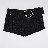 2025 Fashionable Shimmering Knit Shorts with Ring Belt MRA-45005